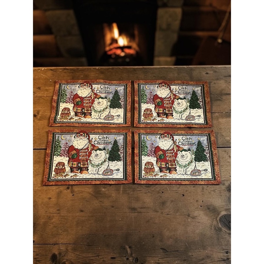 Set of 4 Tapestry Placemats "Catch Some Christmas "Santa Fishing Polar Bear